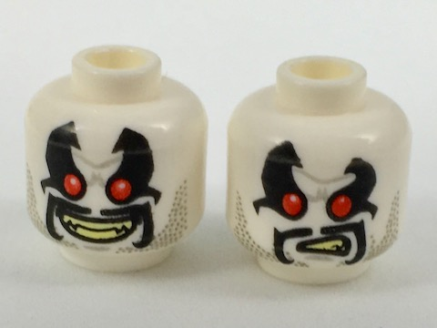 Minifigure, Head Dual Sided Alien with Red Eyes, Black Eyemarks, Moustache and Stubble, Open Grin / Confused Pattern